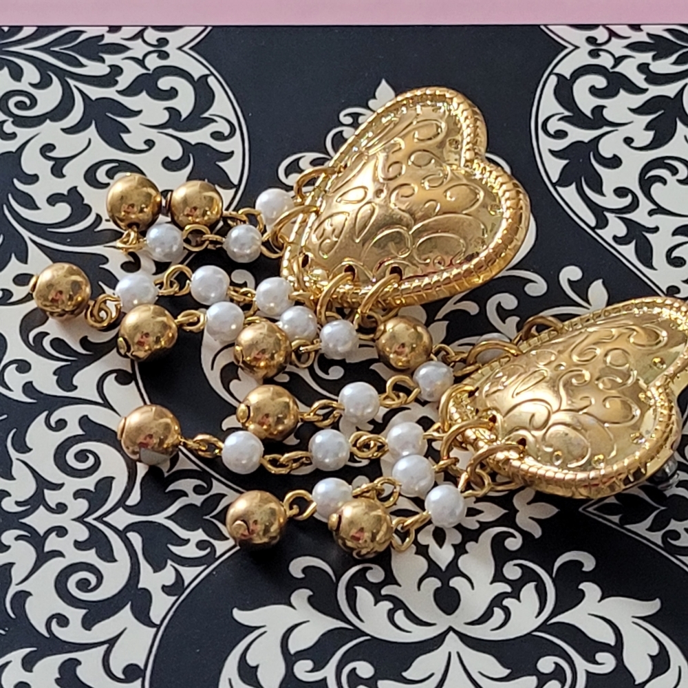 Heart Earrings filigree gold-tone faux pearl & gold-tone dangle accents - Picture 5 of 6